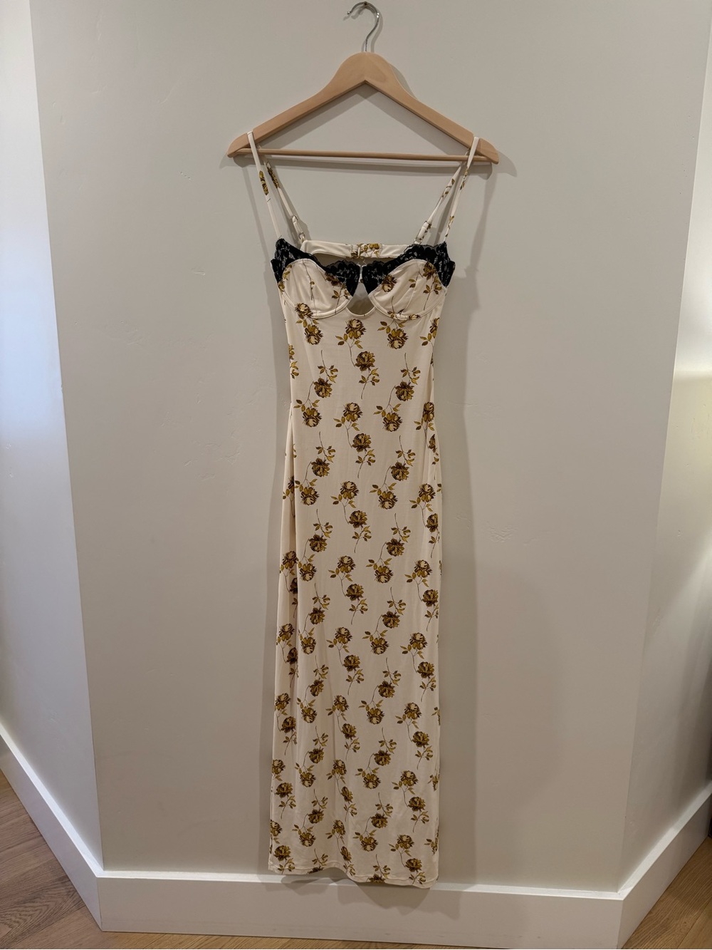 Montce Petal Dress with Yellow Floral Print and Black Lace